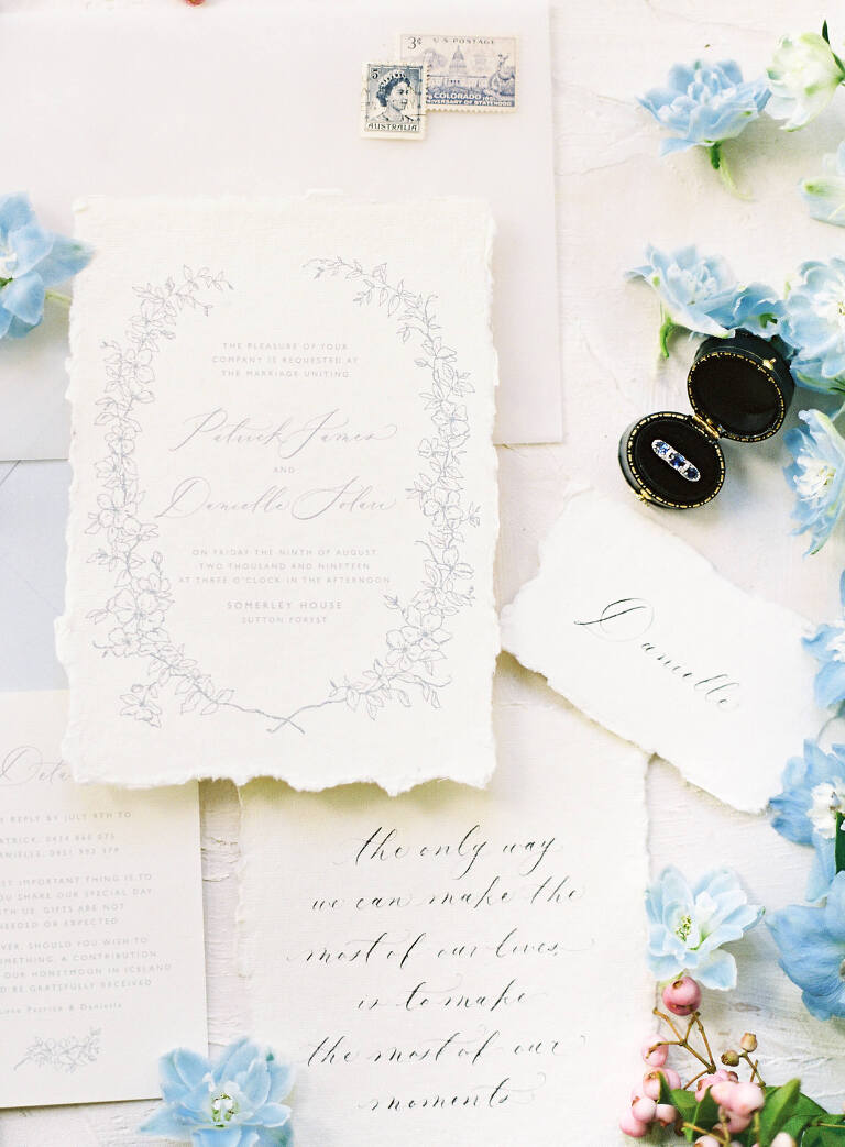 blue and white wedding stationary